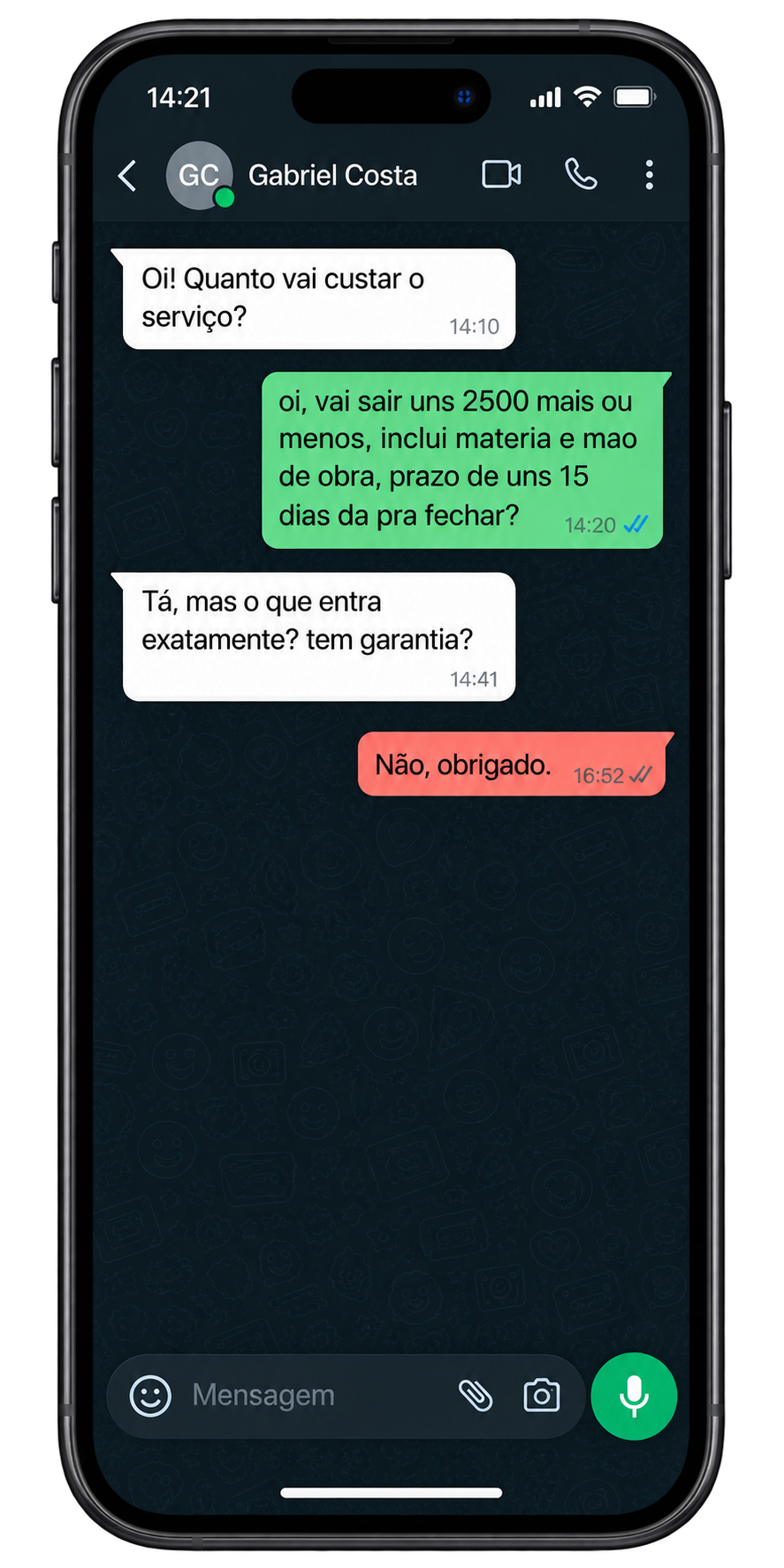 Conversa de WhatsApp mostrando orçamento ignorado